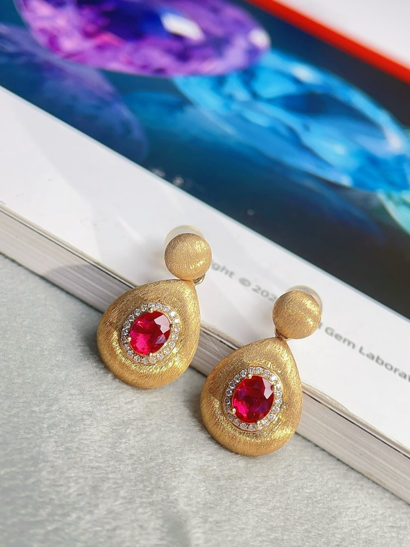 18K Gold Natural Unheated Ruby Earrings - 3