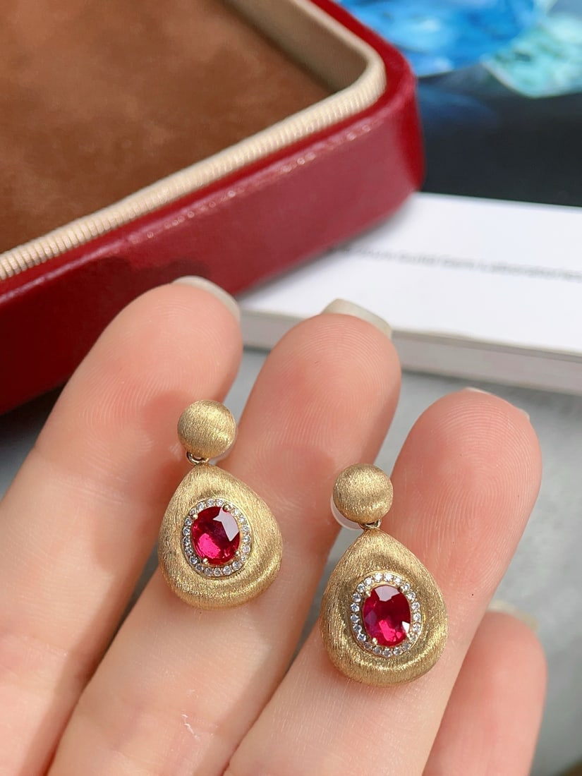 18K Gold Natural Unheated Ruby Earrings - 4