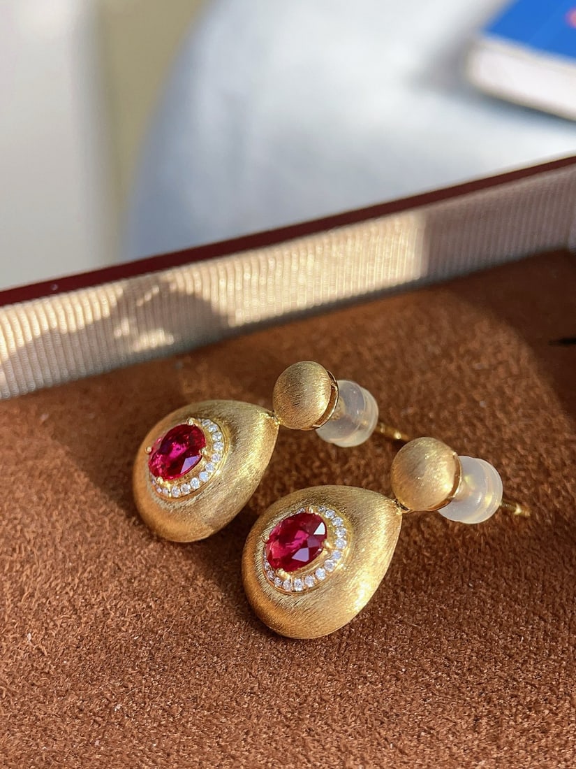 18K Gold Natural Unheated Ruby Earrings - 5