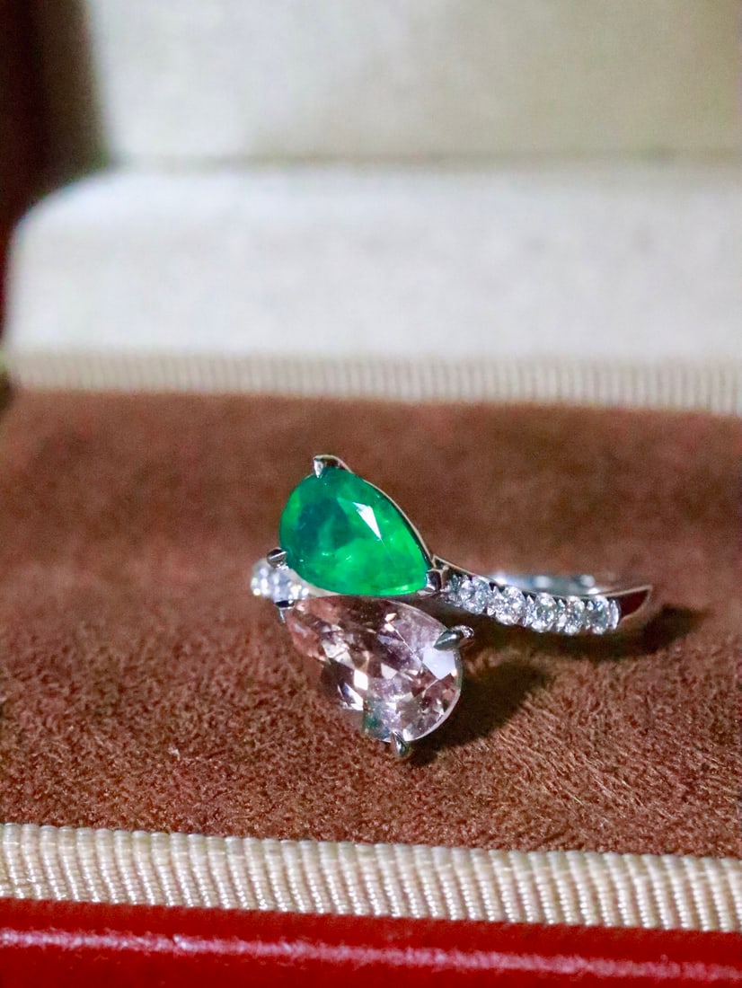 18K Gold Natural Emerald Morganite Ring - 2