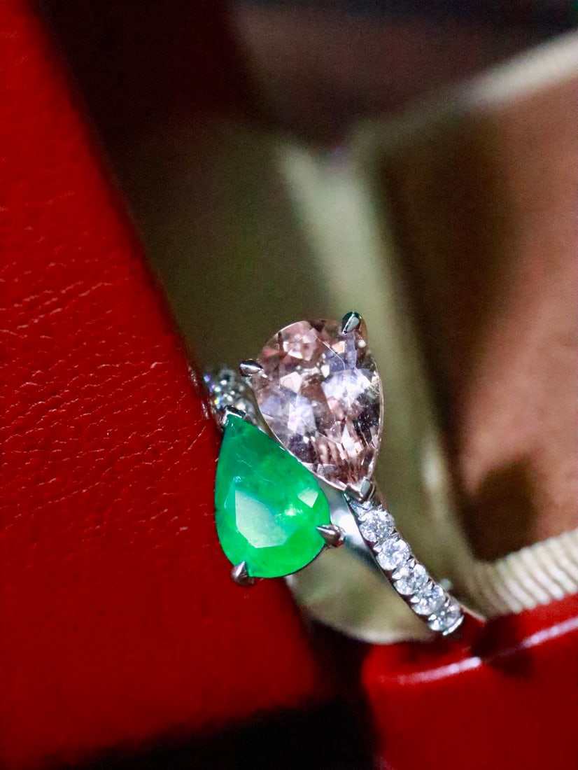 18K Gold Natural Emerald Morganite Ring - 3