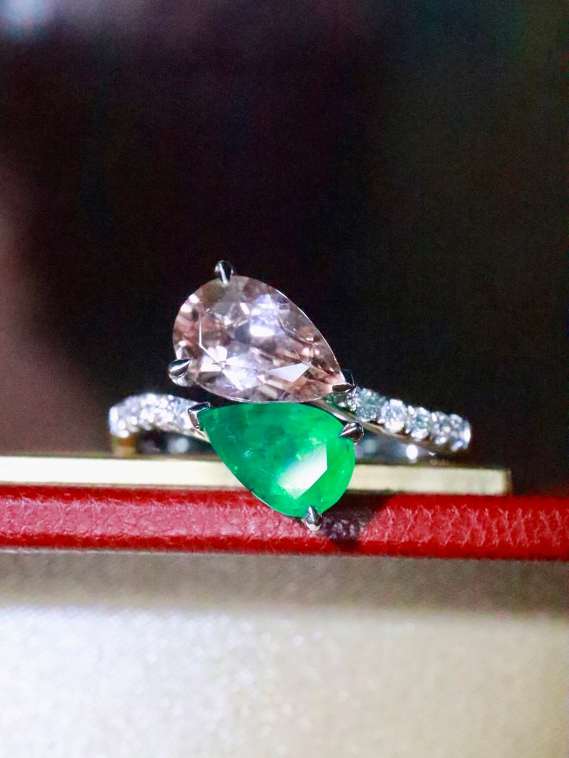18K Gold Natural Emerald Morganite Ring - 4