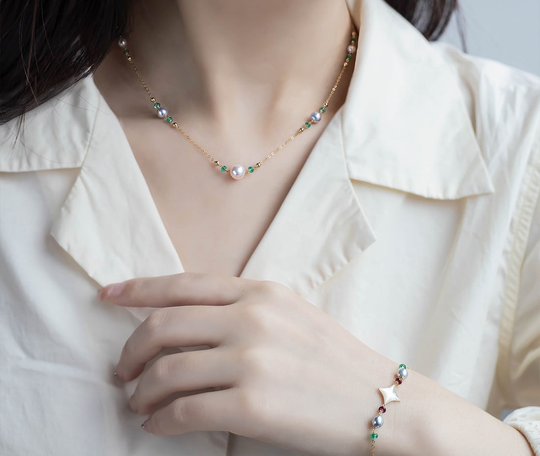18K Gold Emerald Seawater Pearl Necklace - 2
