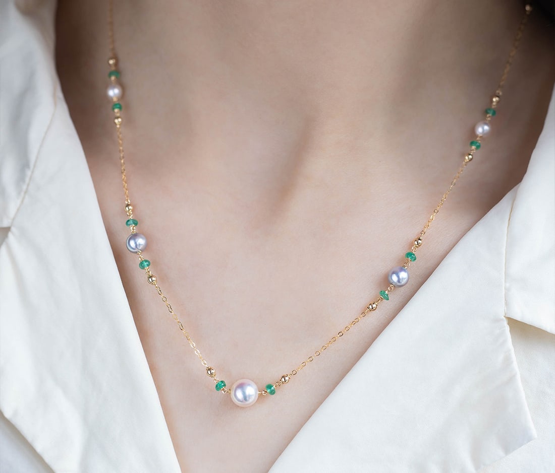 18K Gold Emerald Seawater Pearl Necklace - 3