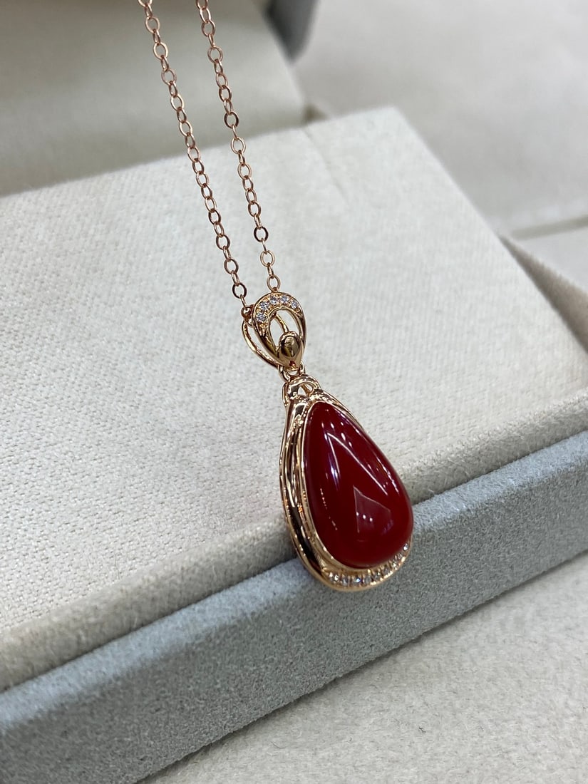 18K Gold Red Coral Pendant - 2