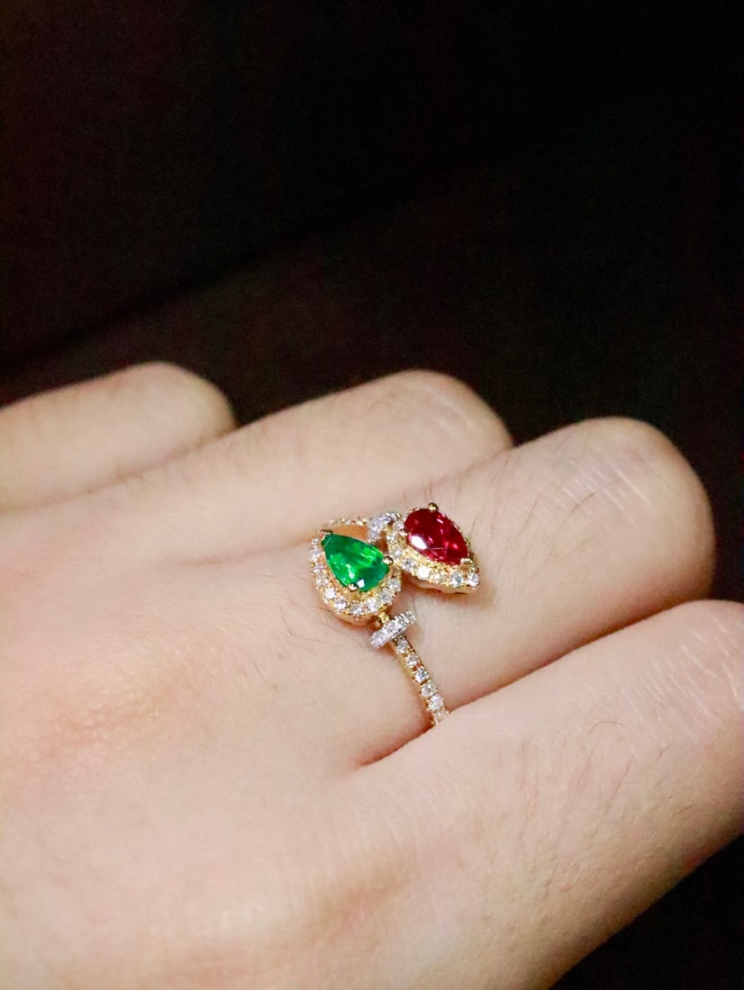 18K Gold Natural No-Heat Ruby and Emerald Two-Stone Ring - 5