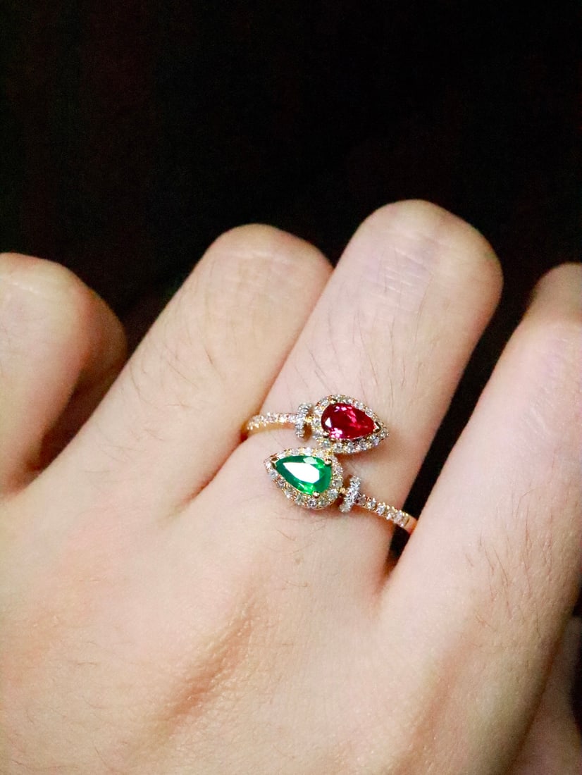 18K Gold Natural No-Heat Ruby and Emerald Two-Stone Ring - 6