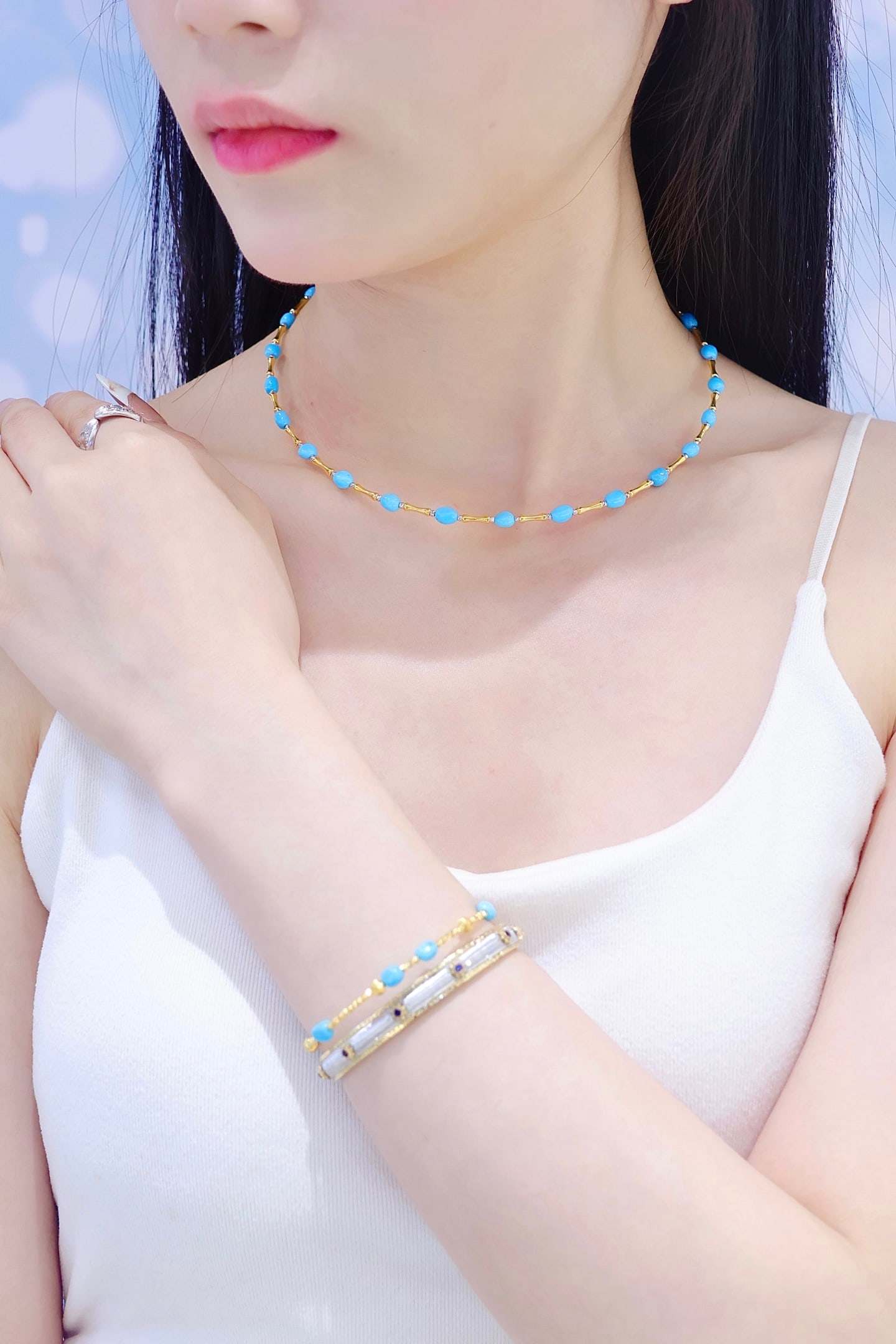 18K Gold Turquoise Choker - 8