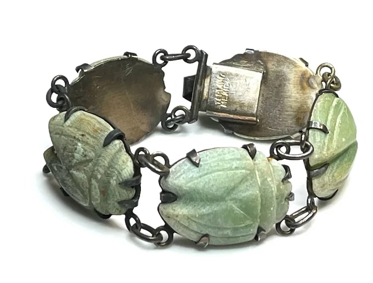 Vintage Oversized Carved Green Stone Scarab Bracelet - 2