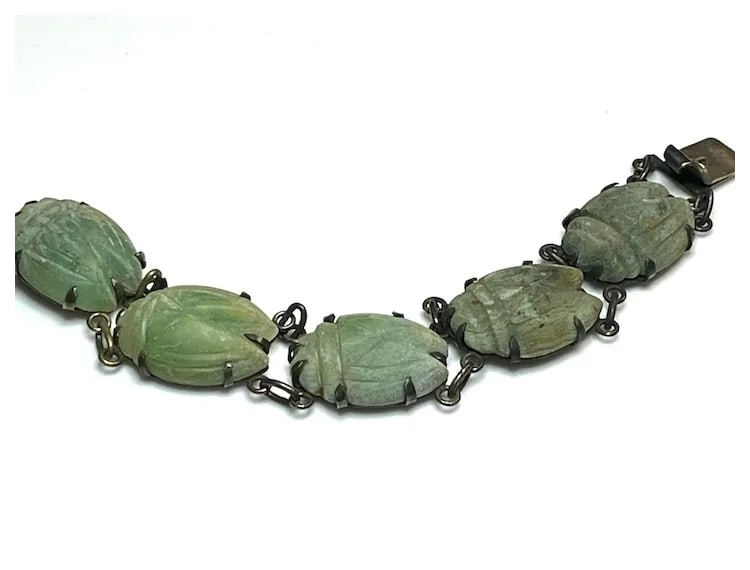 Vintage Oversized Carved Green Stone Scarab Bracelet - 3
