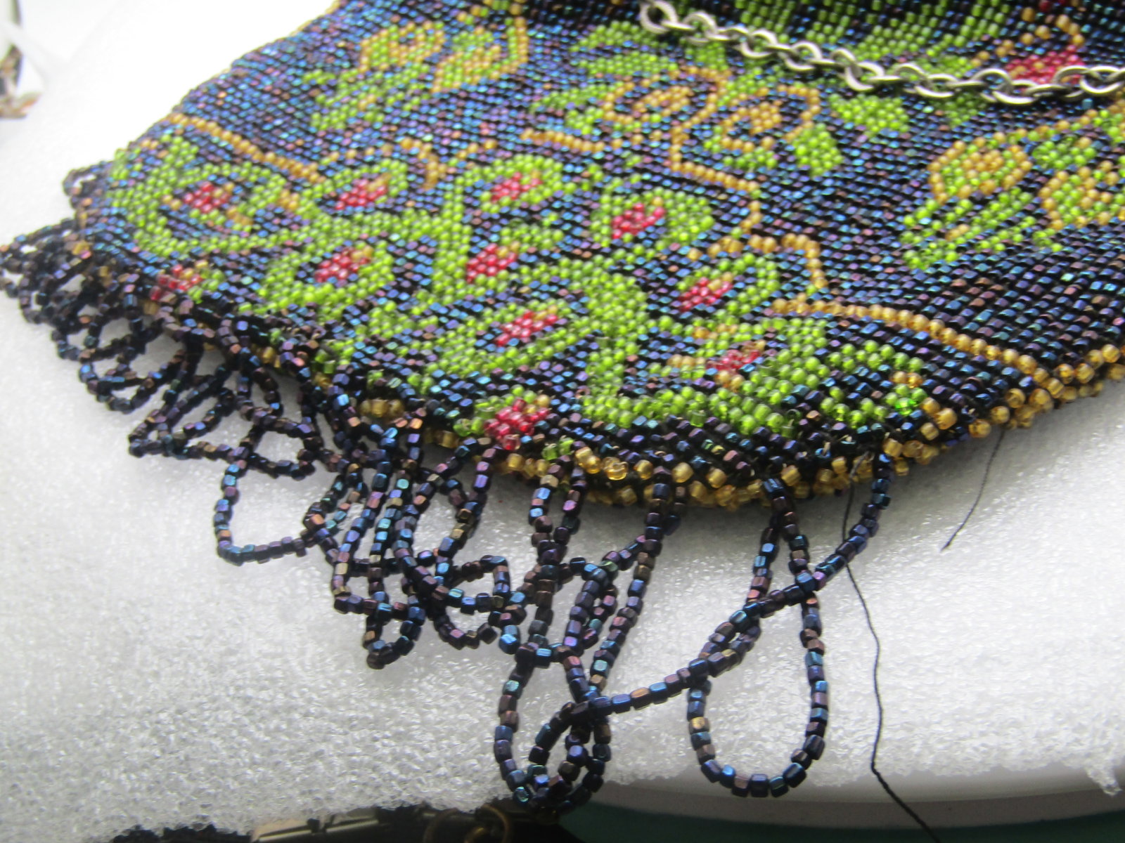 Vintage Floral Glass Beaded Purse, 1920's, 15" Handle - 2