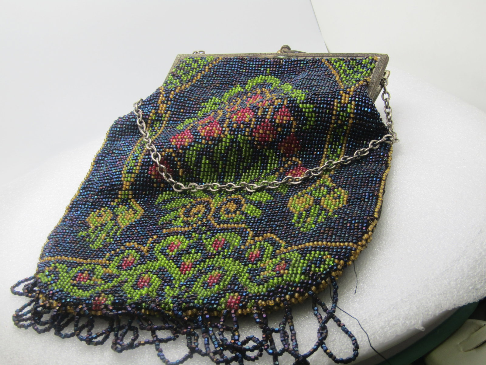 Vintage Floral Glass Beaded Purse, 1920's, 15" Handle - 3