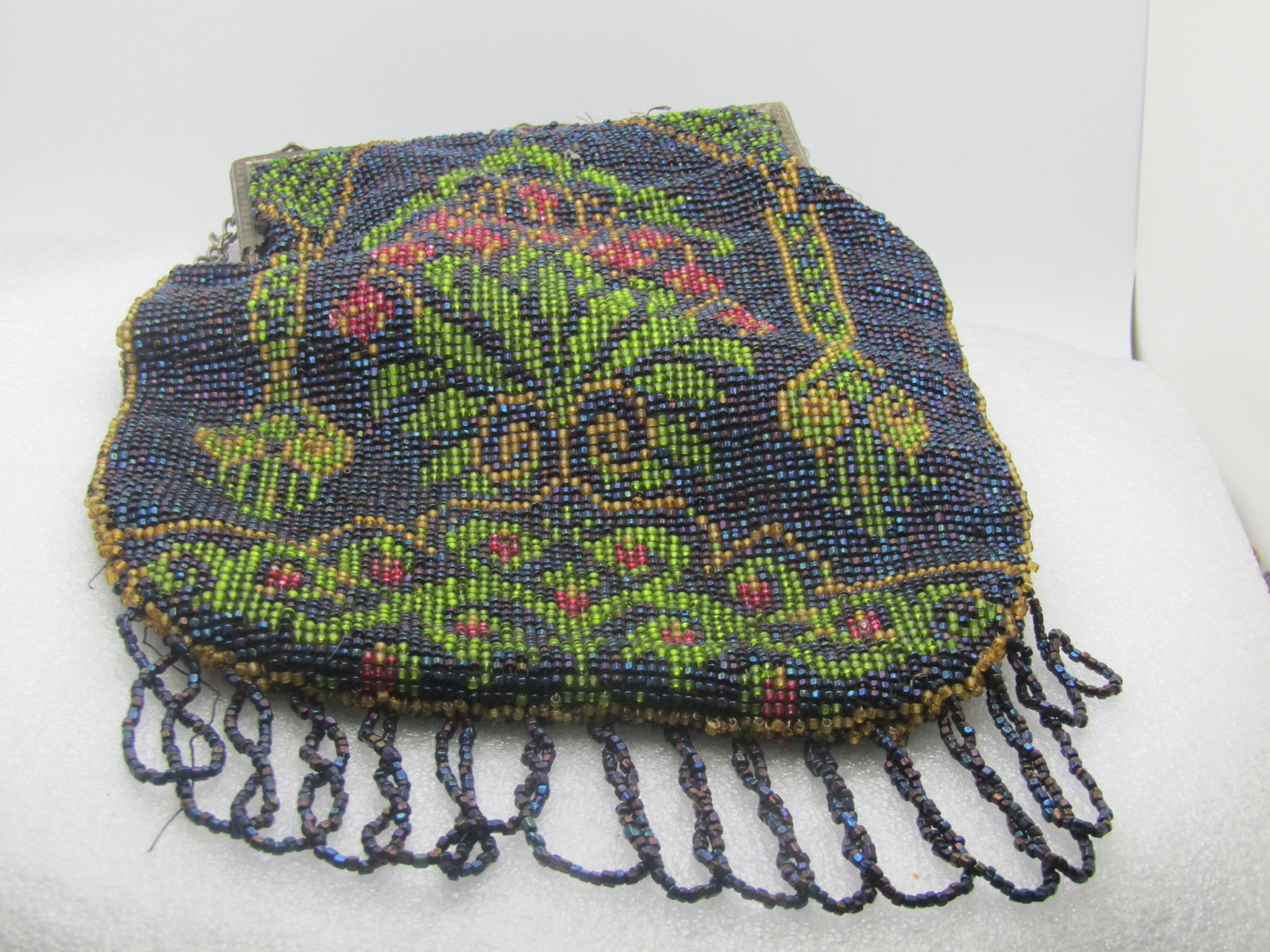 Vintage Floral Glass Beaded Purse, 1920's, 15" Handle - 4