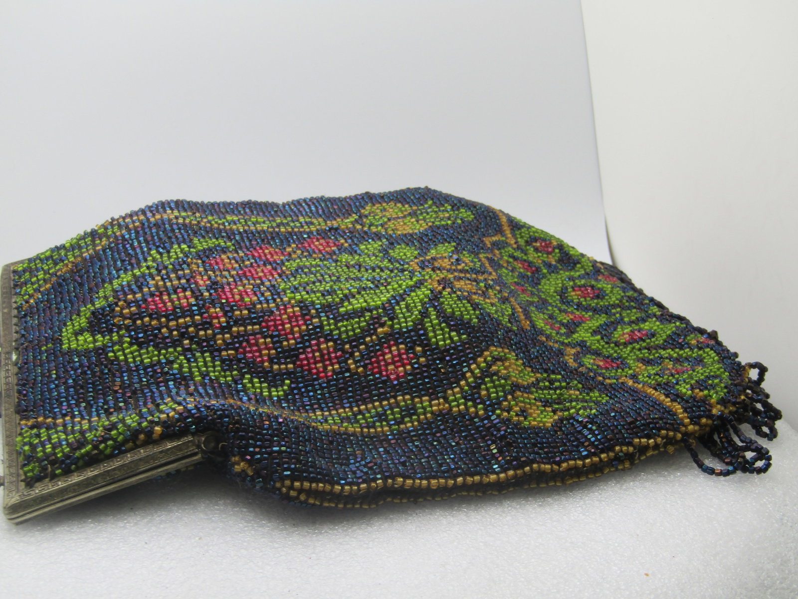 Vintage Floral Glass Beaded Purse, 1920's, 15" Handle - 7