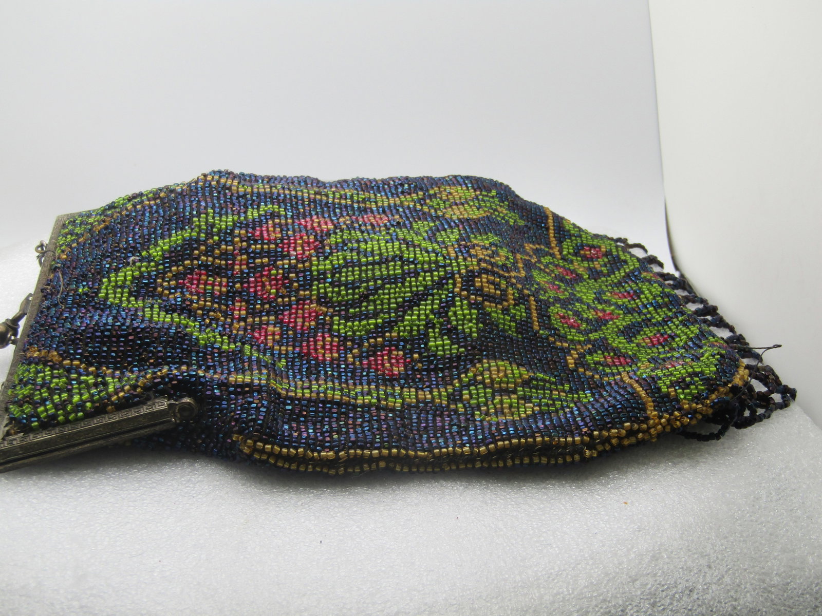 Vintage Floral Glass Beaded Purse, 1920's, 15" Handle - 8