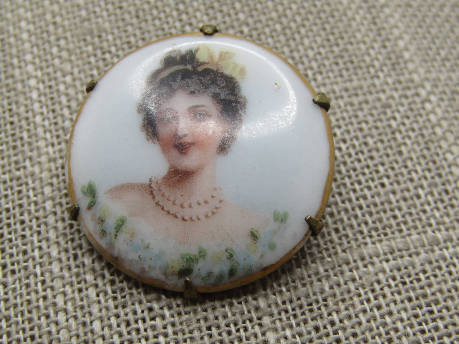 Victorian Painted Woman Brooch, C-Clasp, 1800's-1910 - 2