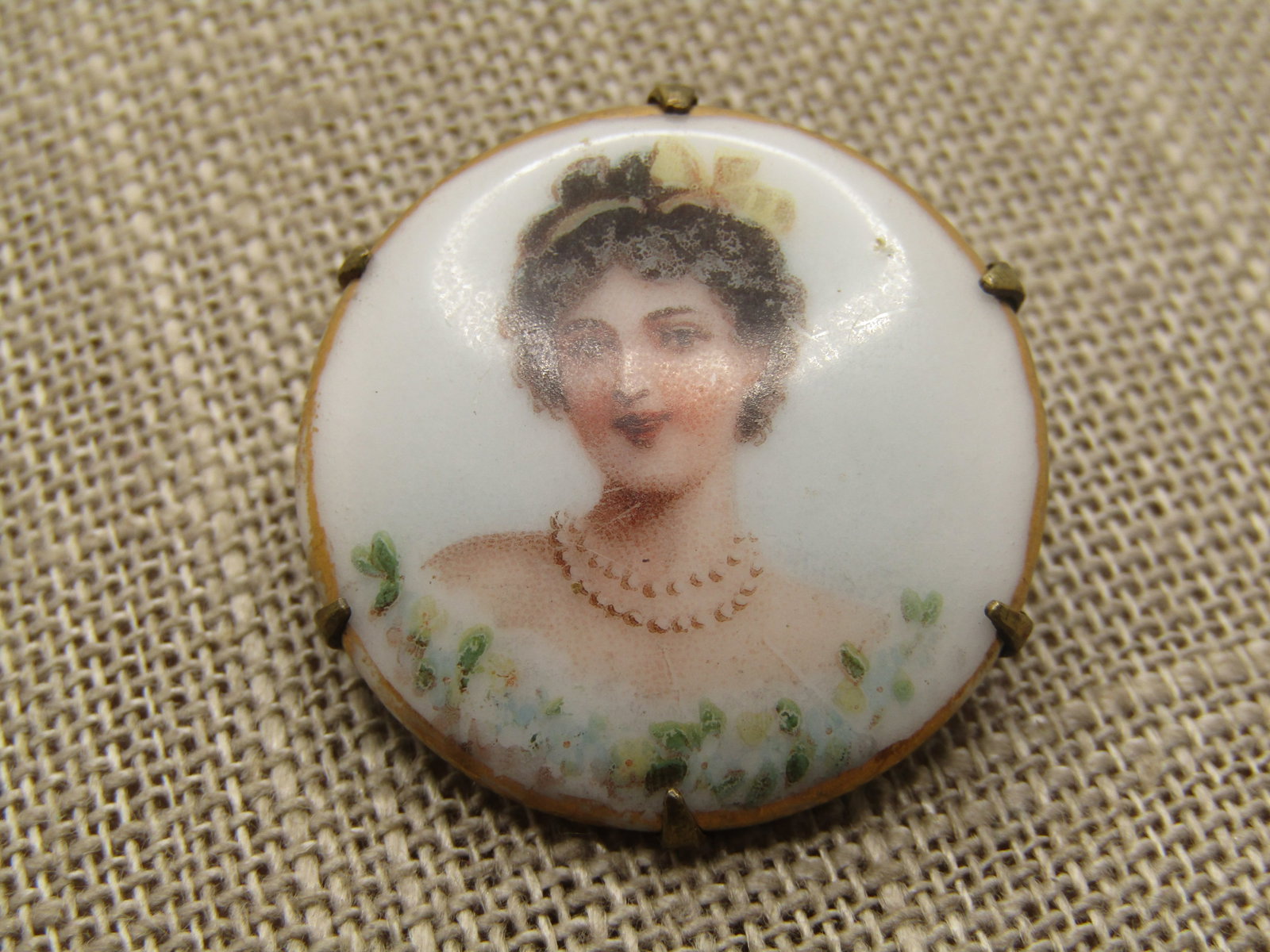 Victorian Painted Woman Brooch, C-Clasp, 1800's-1910 - 3