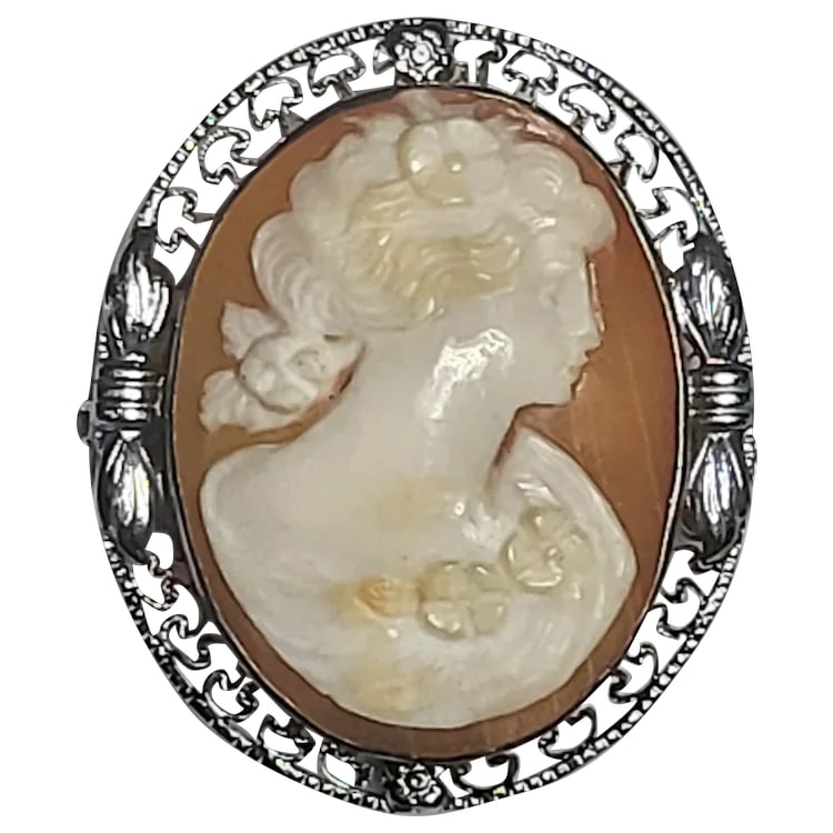 Vintage Hand-Carved Ornate Shell Filigree Cameo Pin/Brooch: Title: Vintage Hand-Carved Ornate Shell Filigree Cameo Pin/Brooch Description: Vintage Hand-Carved Shell Filigree Retractable Cameo Pin/Brooch Date/Period: Vintage Materials: Shell Size: 2 x 1.25 Rese