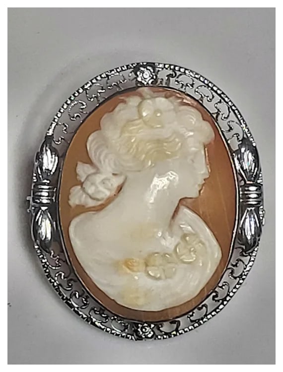 Vintage Hand-Carved Ornate Shell Filigree Cameo Pin/Brooch - 2