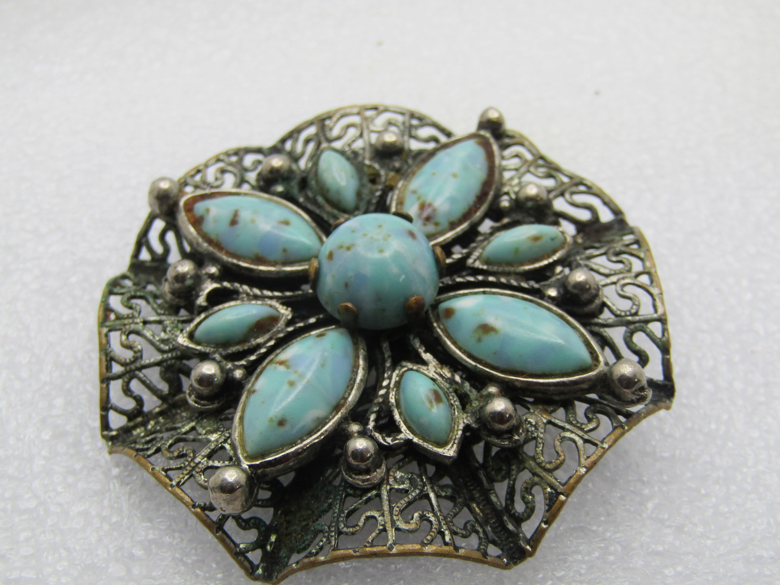 Vintage Filigree Turquoise Glass Brooch, 1960's-1970's. 2" - 5