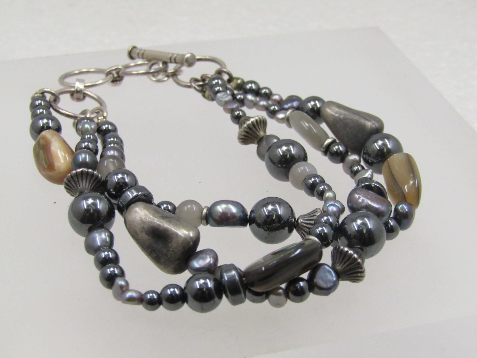 Sterling Triple Strand Polished Stone Bracelet, Toggle Clasp, 8.5", Adj. (1 of 4)