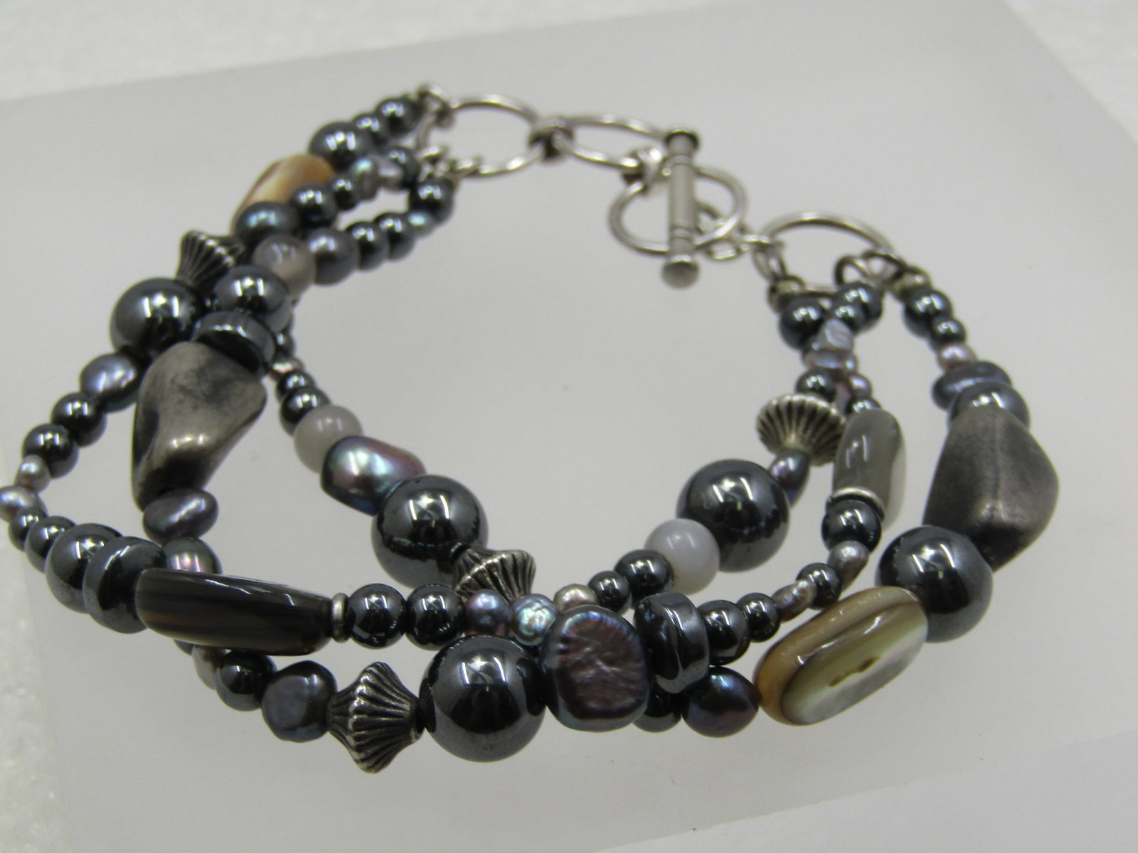 Sterling Triple Strand Polished Stone Bracelet, Toggle Clasp, 8.5", Adj. - 2