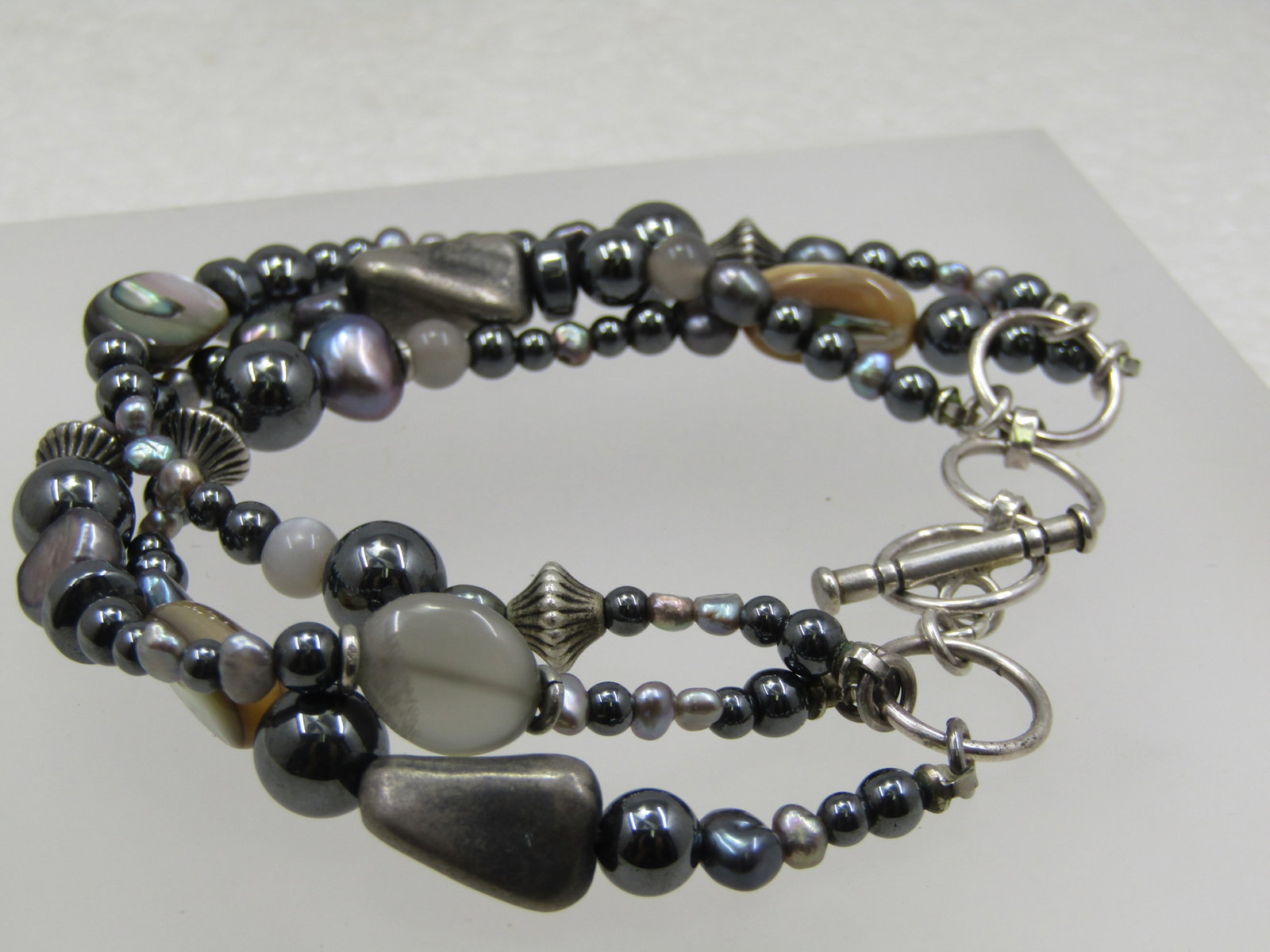 Sterling Triple Strand Polished Stone Bracelet, Toggle Clasp, 8.5", Adj. - 3
