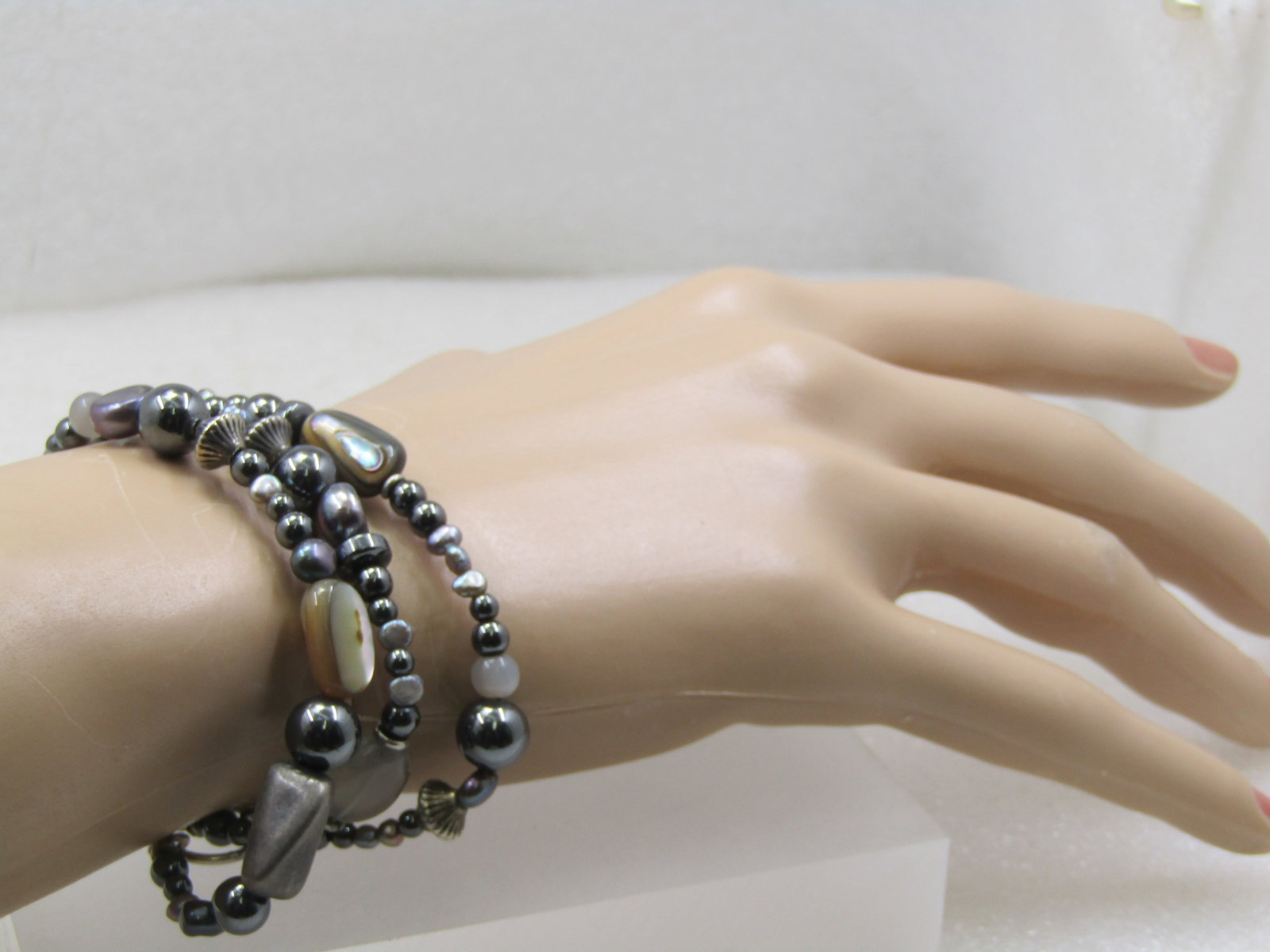 Sterling Triple Strand Polished Stone Bracelet, Toggle Clasp, 8.5", Adj. - 4