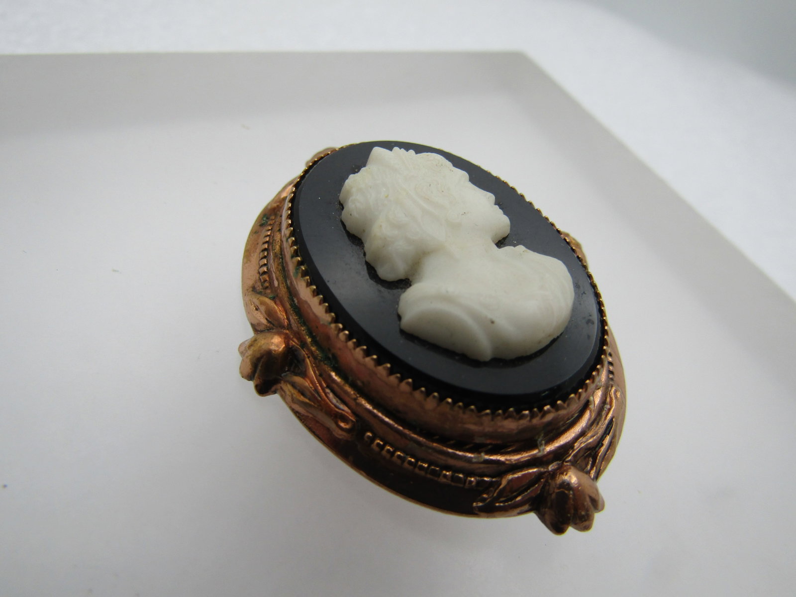 Vintage Black & White Cameo Brooch, Coro, Rose Gold Tone, 1940's, 1.75" - 3