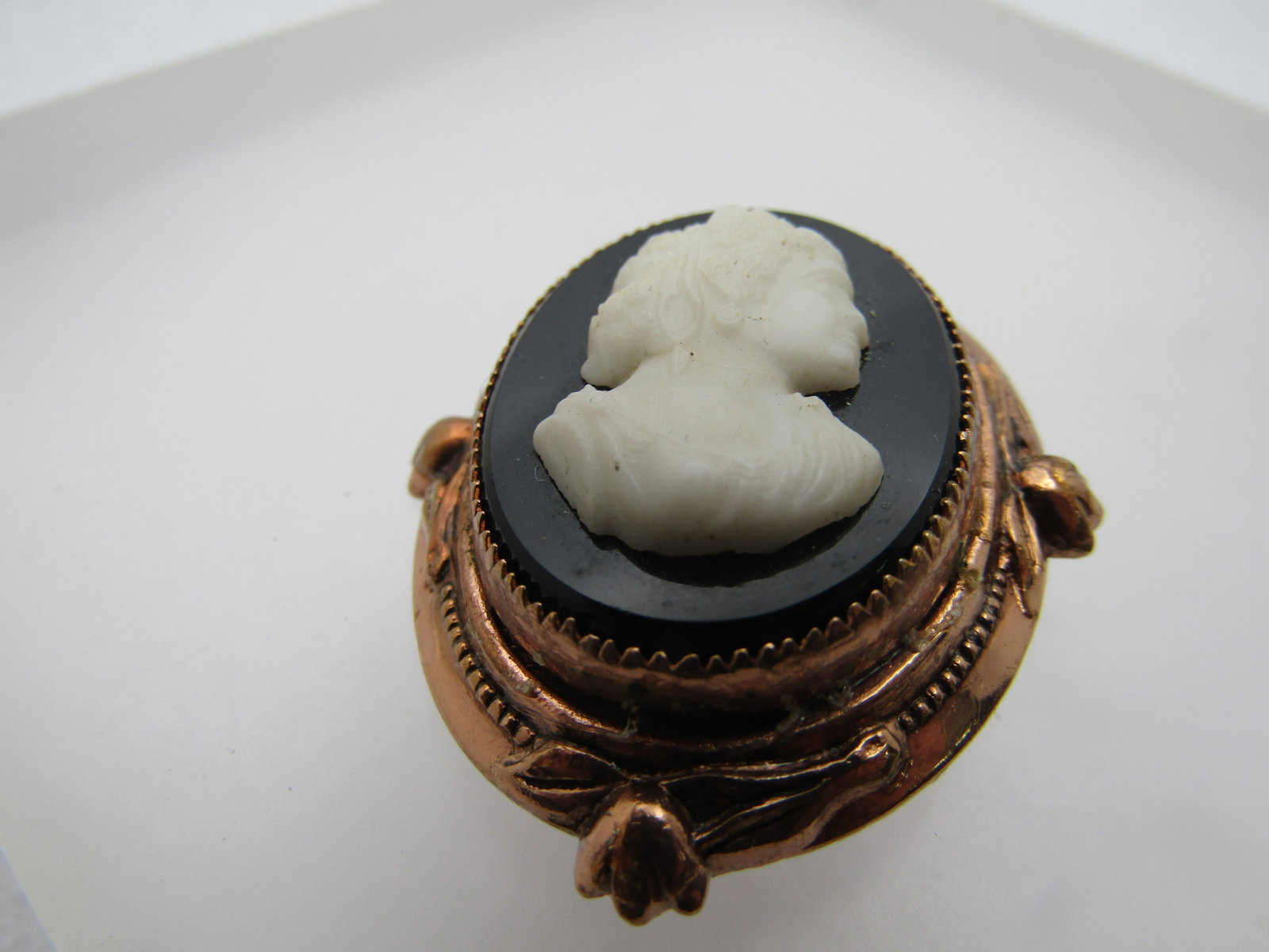 Vintage Black & White Cameo Brooch, Coro, Rose Gold Tone, 1940's, 1.75" - 4