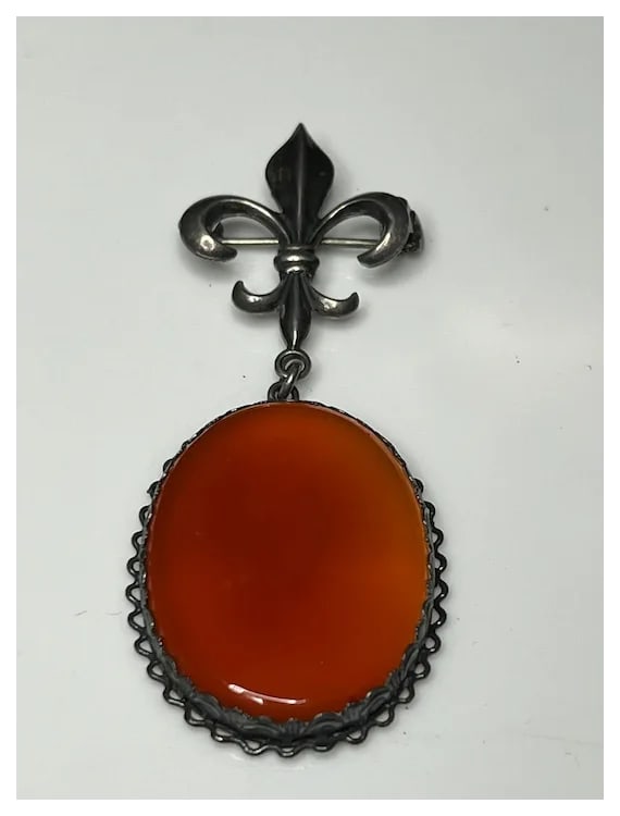 Vintage Carnelian Fleur De Lis Sterling Silver Brooch/Pin - 2
