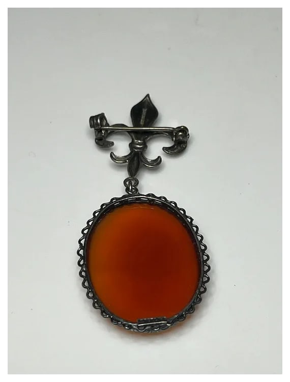Vintage Carnelian Fleur De Lis Sterling Silver Brooch/Pin - 7