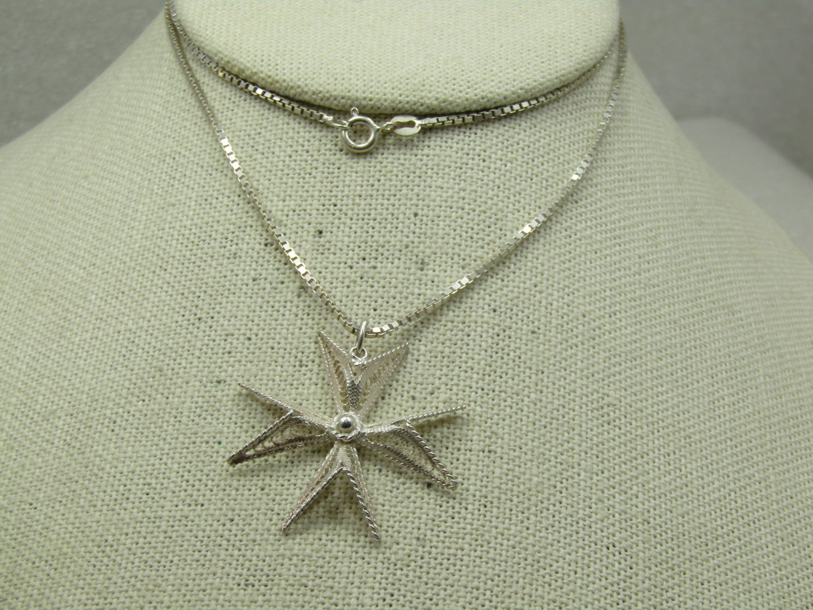 Vintage Sterling Filigree Maltese Cross Necklace, 20" Box Chain, Signed - 2