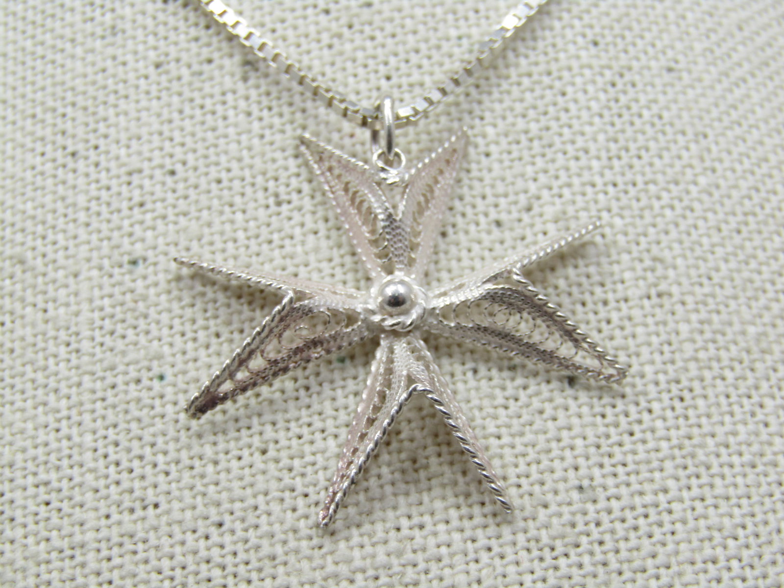 Vintage Sterling Filigree Maltese Cross Necklace, 20" Box Chain, Signed - 3