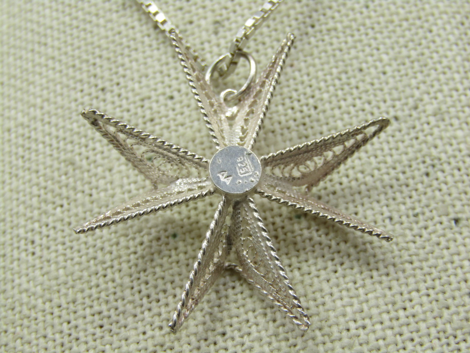 Vintage Sterling Filigree Maltese Cross Necklace, 20" Box Chain, Signed - 4