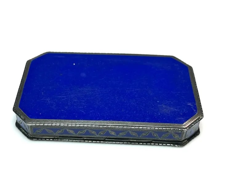 Antique Geometric Pattern Sterling Silver 935 and Enamel Blue Trinket/ Snuff Box - 10