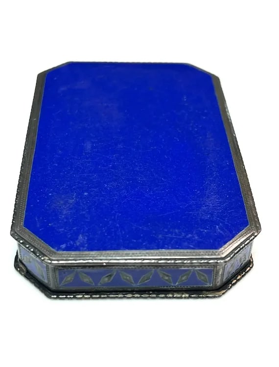 Antique Geometric Pattern Sterling Silver 935 and Enamel Blue Trinket/ Snuff Box - 11