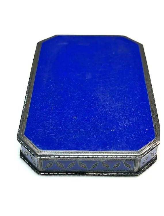 Antique Geometric Pattern Sterling Silver 935 and Enamel Blue Trinket/ Snuff Box - 12