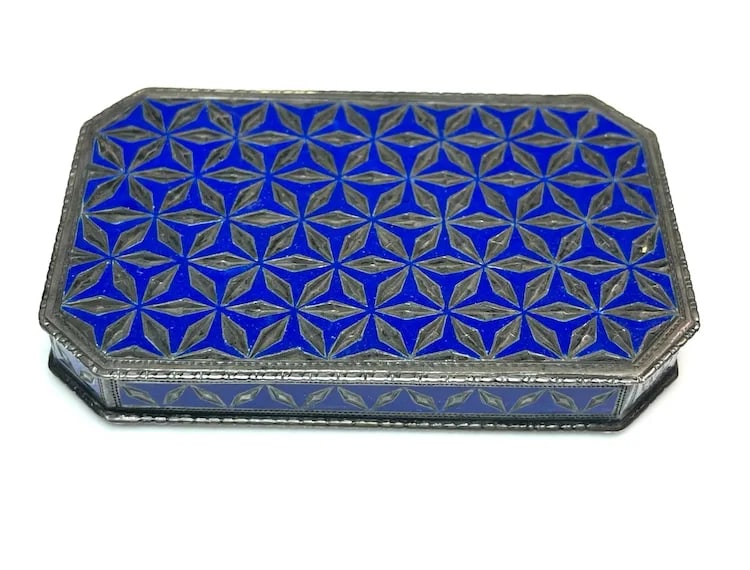 Antique Geometric Pattern Sterling Silver 935 and Enamel Blue Trinket/ Snuff Box - 2
