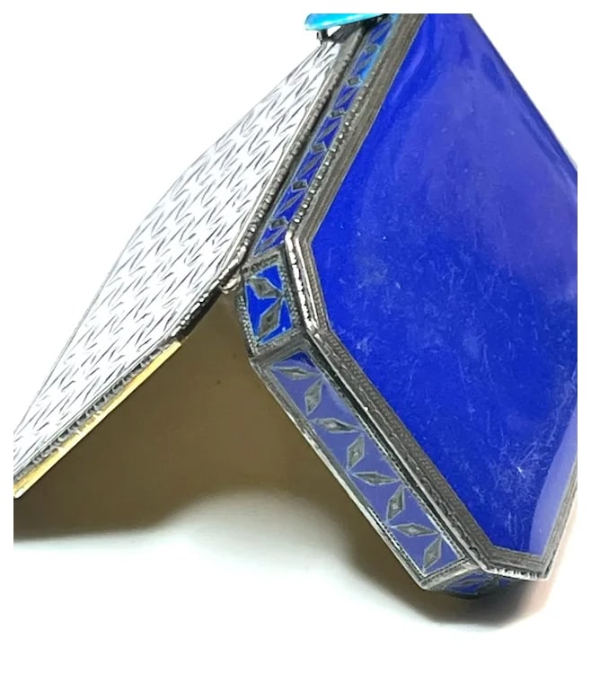 Antique Geometric Pattern Sterling Silver 935 and Enamel Blue Trinket/ Snuff Box - 5