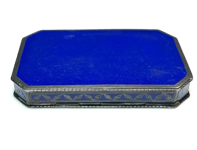 Antique Geometric Pattern Sterling Silver 935 and Enamel Blue Trinket/ Snuff Box - 9