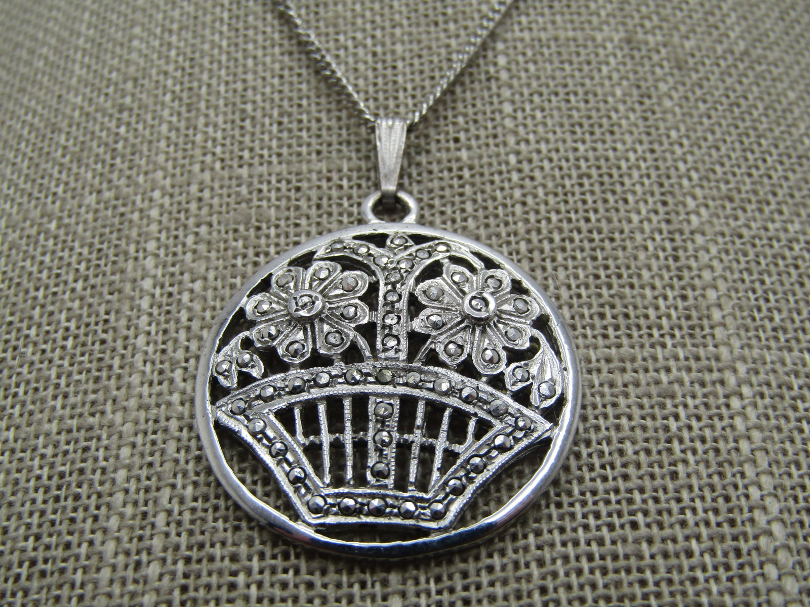 Vintage Sterling Marcasite Flower Basket Necklace, 18" Signed Eagle, 1940's - 2