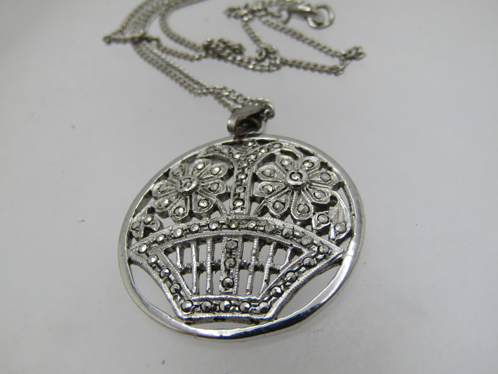 Vintage Sterling Marcasite Flower Basket Necklace, 18" Signed Eagle, 1940's - 7