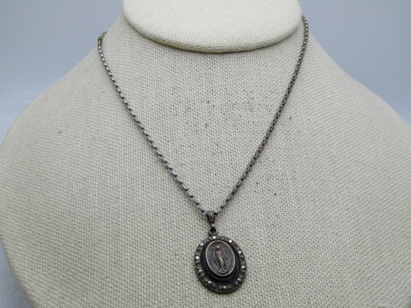 Vintage Sterling Blessed Mother Necklace, 19" SIlver Tone Chain, 1940's-1950's - 2