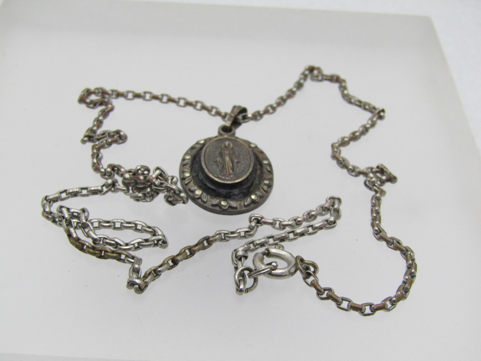 Vintage Sterling Blessed Mother Necklace, 19" SIlver Tone Chain, 1940's-1950's - 7