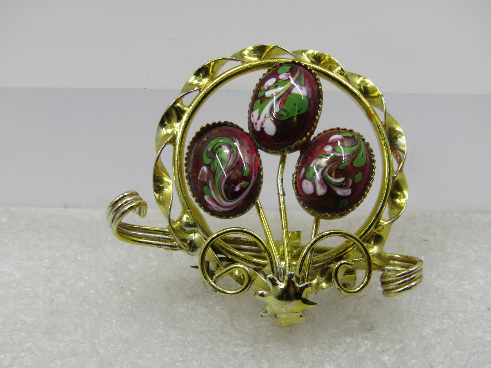 Vintage Red Floral Glass Brooch, 1960's-1970's - 2