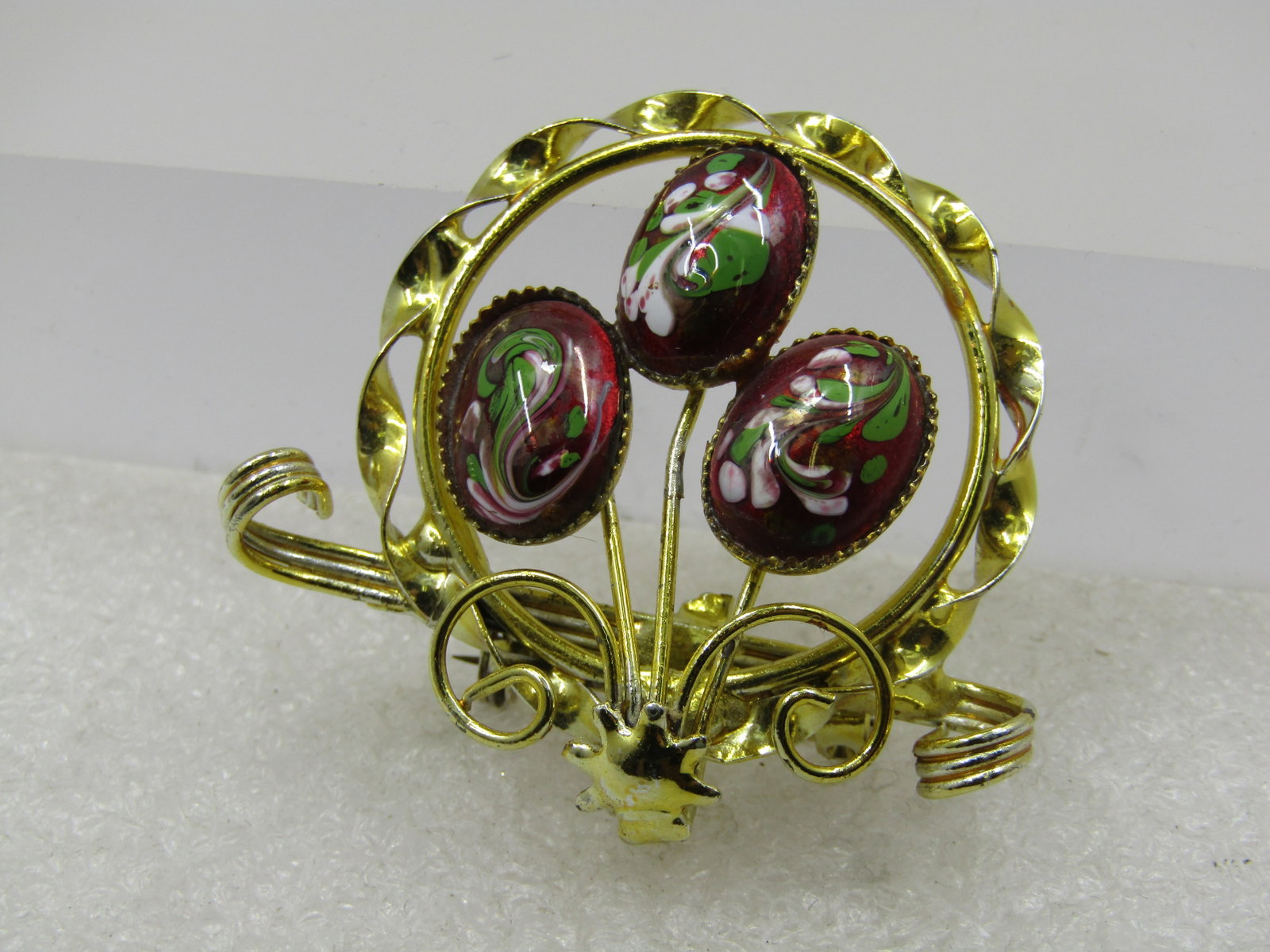 Vintage Red Floral Glass Brooch, 1960's-1970's - 3