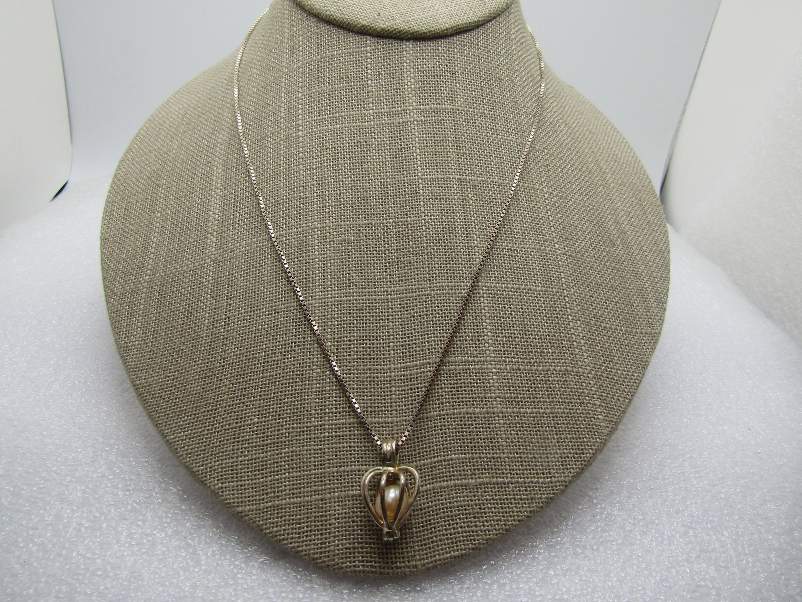 Vintage Heart Caged Faux Pearl Necklace, 18" Sterling Chain, 1960's-1970's: Title: Vintage Heart Caged Faux Pearl Necklace, 18" Sterling Chain, 1960's-1970's Description: Vintage Heart Caged Faux Pearl Necklace, 18" Sterling Chain, 1960's-1970's. The pendant is an appx. 3/4" 