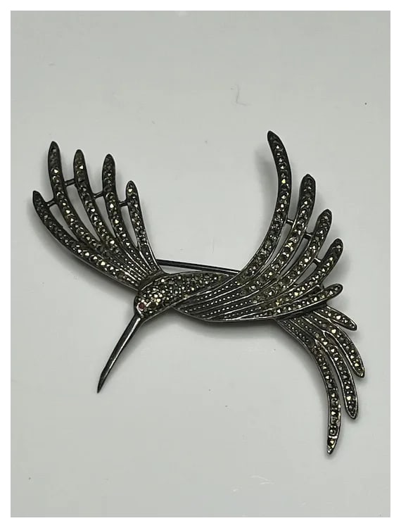 Vintage Sterling Silver Hummingbird Pin with Ruby Eye and Marcasite Pave - 2