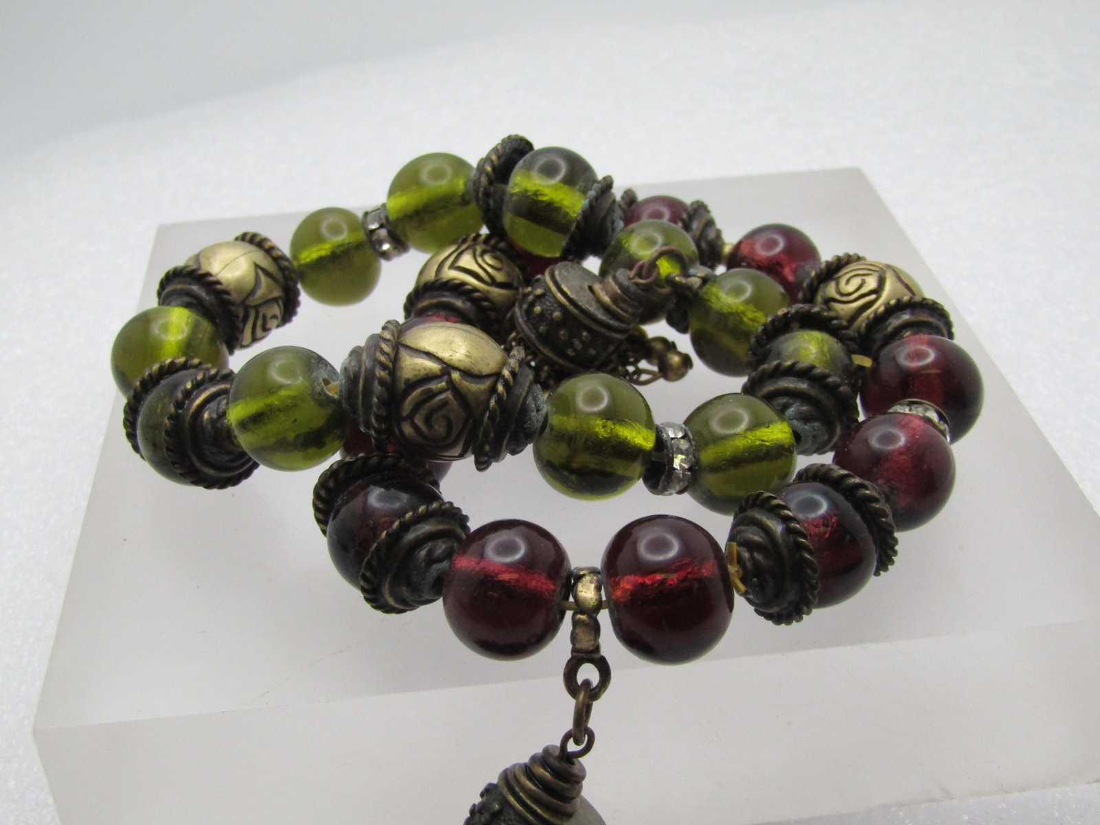 Pair of Rose & Glass Beaded Tassel Bracelets, Stretch, Purple/Green, 6.75" - 2